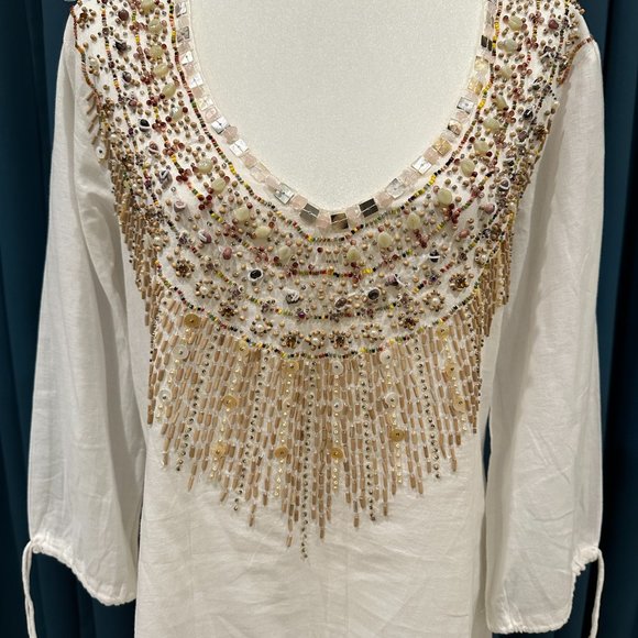 JO NO FUI Beige/off-white Rhinestone Cotton Dress - Picture 3 of 9